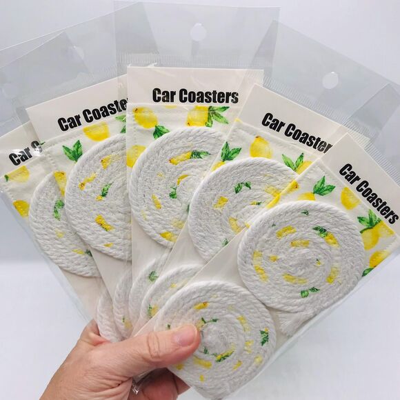 Rope Car Coasters Boho Yellow Lemonade One Set of 2 For Car Cup Holders - Picture 2 of 4